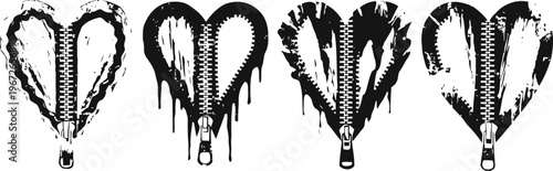 grunge zipper hearts set in black and white four stylized sketches showing zipper pulling down to form heart shapes with rough edges
