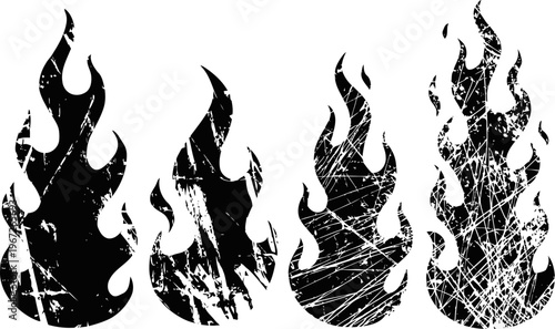 Grunge fire flame silhouettes set with distressed textured design elements