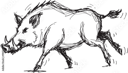 Wild boar sketch in dynamic running pose hand drawn ink illustration of wild animal motion and nature