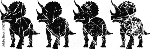 Abstract geometric triceratops silhouettes with cracked texture, prehistoric dinosaur shapes, artistic black animal figures