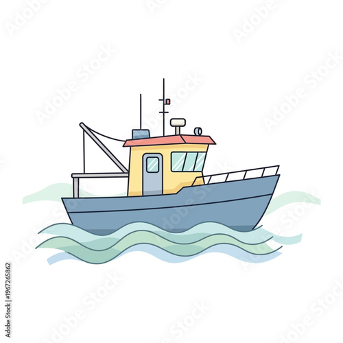 Fishing Boat Illustration: Blue Trawler at Sea with Yellow Cabin and Crane