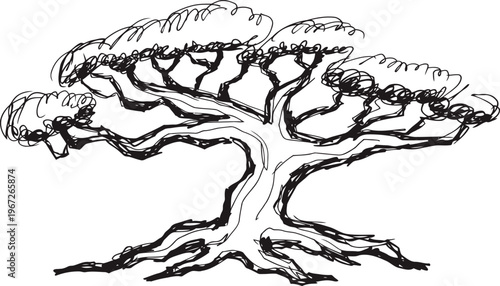 Stylized tree sketch with spread branches and visible roots organic nature drawing in black ink