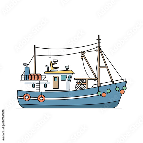 Fishing Boat Illustration: Blue Trawler with Nets and Equipment, Isolated on White