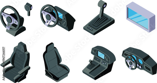 Isometric car interior parts set, steering wheel dashboard gear shift and seats collection, automotive components, vehicle cockpit design, detailed vector illustration