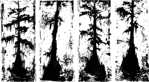 Black and white grunge cypress trees silhouette set four vertical panels with trees in rough textured design