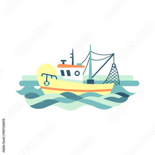 Fishing boat with net sailing on wavy blue sea, cartoon style illustration