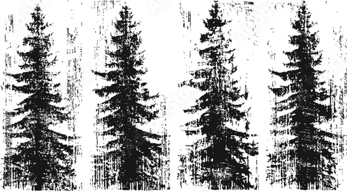 Vintage black pine tree silhouette set with textured grunge effect and distressed detail