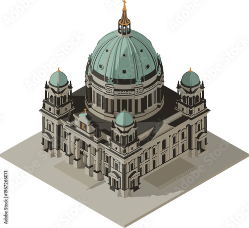 Isometric Berlin Cathedral model, historic dome architecture landmark, European church building, travel destination concept, cultural heritage, detailed vector illustration