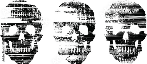distorted glitch skulls set with black horizontal lines digital error effect, horror and design