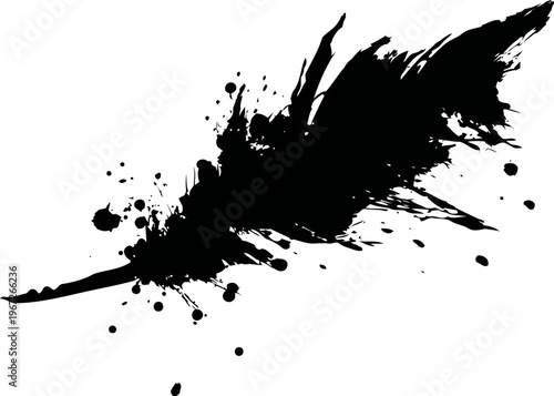 Black ink splatter in feather shape with artistic paint drops and brush strokes on white background