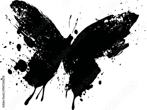 Ink splatter butterfly silhouette with dripping paint effect on white background