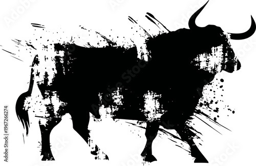 Black bull silhouette with grunge ink splatter background graphic ink splash art design with wild animal figure