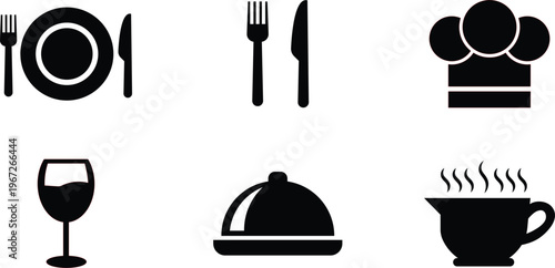 Black of dining plate fork knife chef hat wine glass serving dish and steaming pitcher black and white