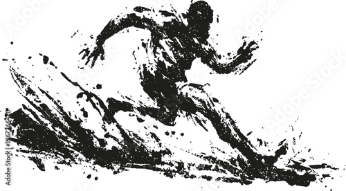 Dynamic surfer riding ocean wave silhouette with water splash ink brush painting