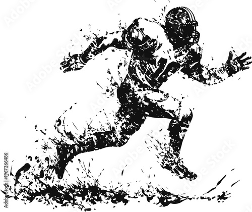 American football player running fast with the ball in dynamic action ink sketch