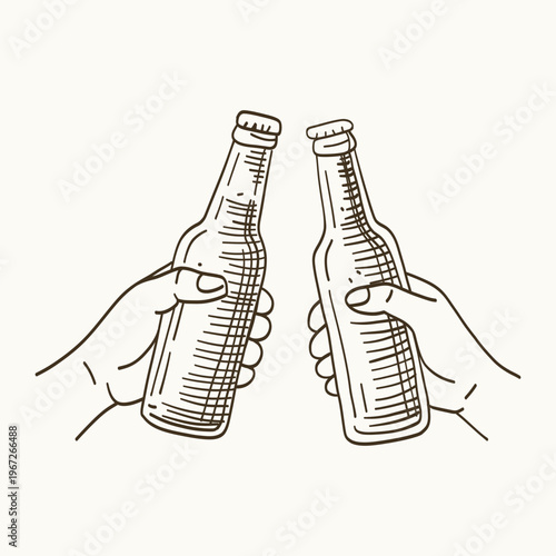 Two hands clink beer bottles in monochrome line art. Bottles have caps and textured surfaces. Hands hold firmly, suggesting a toast. Background is plain beige, emphasizing the gesture