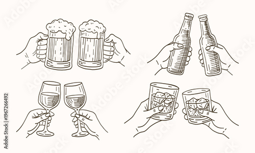 Two hands clink beer mugs, foam rising high. Other hands lift bottles, ready to toast. Glassware glints as wine glasses meet. Cupped hands hold drinks with ice cubes