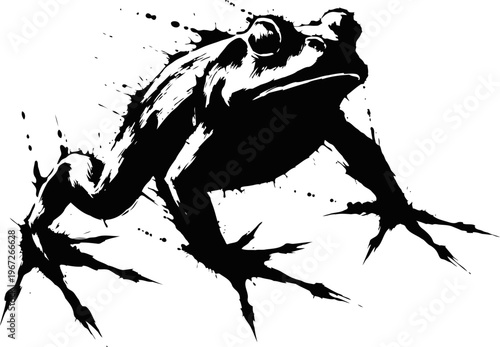 silhouette of a frog with artistic ink splatter effect amphibian illustration in dynamic pose, black and white design