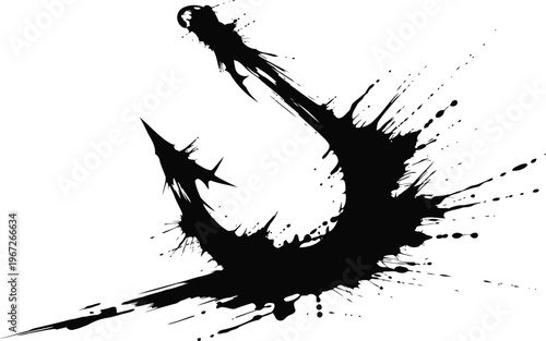Abstract black ink splatter shape with dynamic brush strokes on white background