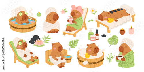 Capybaras relax in a spa setting. Flowers and leafy plants surround the scene. Each animal enjoys a different spa treatment. They appear calm and content. This image is perfect for wellness content