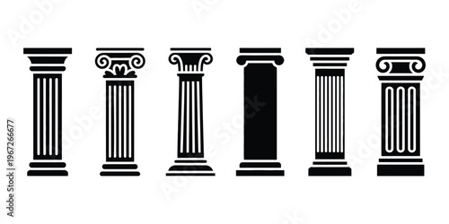 set of ancient pillar or column icons, elegant classic roman and greek architecture flat silhouette columns for law marble sculpture symbols infographic web design isolated on transparent background v