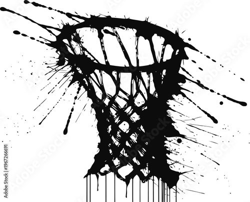 Black paint splatter silhouette of basketball hoop and net in abstract grunge