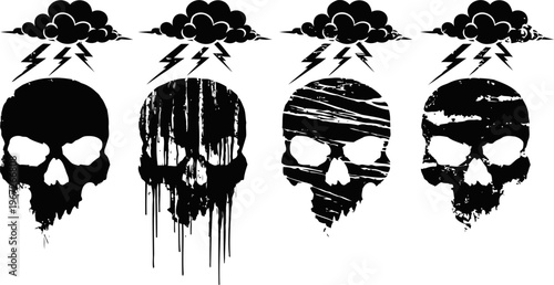 Grunge skull icons with thunderstorm clouds above black distressed horror symbols with lightning bolts