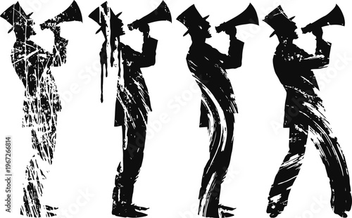 Silhouettes of jazz trumpeters playing instruments in dynamic abstract black ink