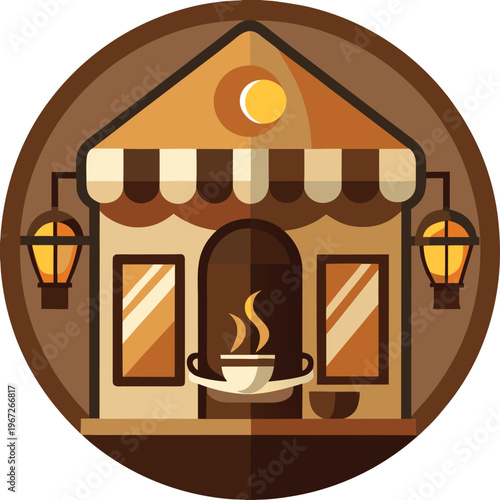 Coffee house with arched entrance and street lamps