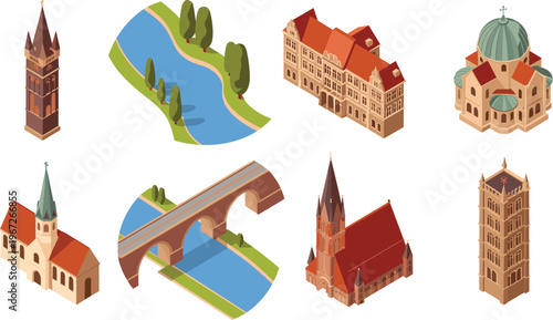 Isometric European architecture collection, churches towers buildings bridge and river elements, historic landmarks set, travel destination, detailed vector illustration