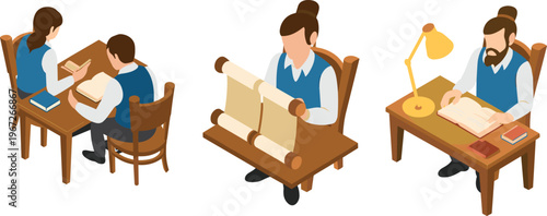 Isometric education scenes illustration, students reading books and ancient scroll manuscripts, learning knowledge concept, study desk, detailed vector design