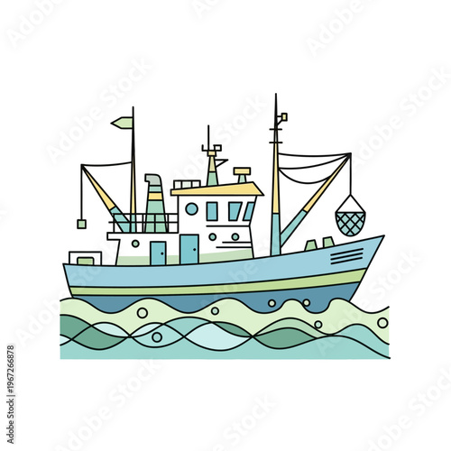 Modern Fishing Trawler Boat on Wavy Sea, Illustration