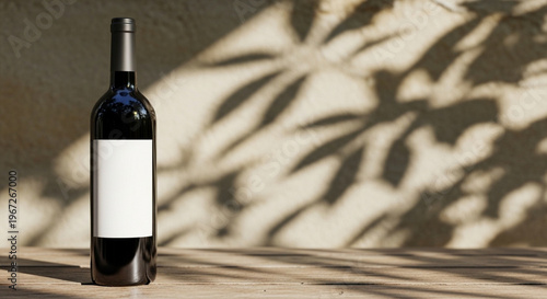 A single dark glass wine bottle with a blank white label standing against a decorative background