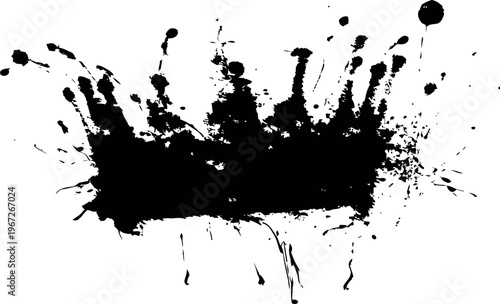 Black ink splash with irregular edges and scattered droplets isolated on white background