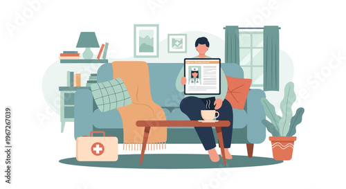 Telemedicine Consultation from Home: Man Using Tablet for Online Doctor Appointment, Telehealth & Remote Healthcare Services