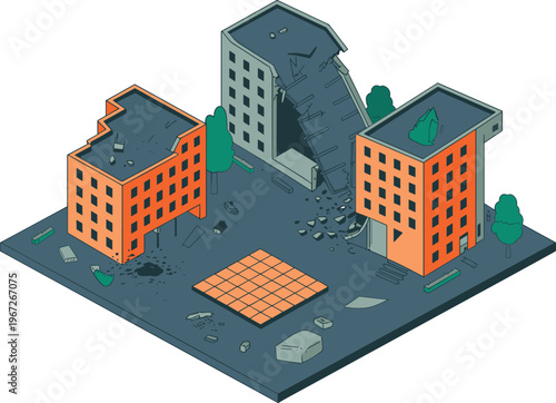 Isometric earthquake damage scene, destroyed buildings, urban disaster, collapsed structures, debris rubble, crisis emergency, ruined cityscape, 3D illustration concept