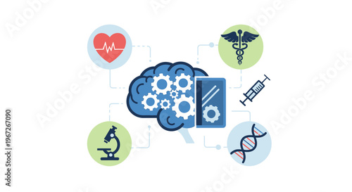 Artificial Intelligence & Healthcare Concept: Brain with Gears Processing Medical, Genetic, & Research Data