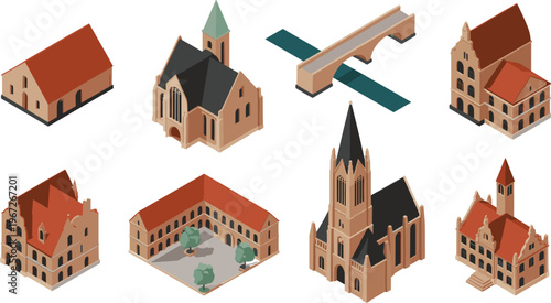 Isometric European buildings set, church houses bridge and historic architecture collection, city elements, medieval style, travel landmarks, vector illustration pack