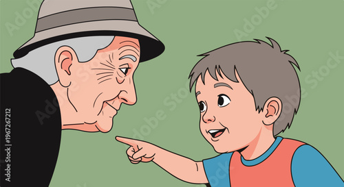 Happy intergenerational bond between a smiling elderly man and a young boy pointing, depicting family connection and joyful communication.