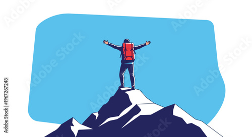 Vector illustration: Triumphant person on mountain peak, arms outstretched, celebrating success and freedom. Symbolizing achievement, adventure, and overcoming challenges.