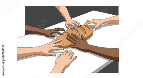 Diverse hands of different ethnicities reaching for a single loaf of bread, illustrating themes of sharing, community, hunger, and universal human needs.