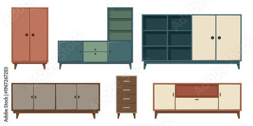 Mid century modern furniture set with wooden cabinets wardrobes and storage sideboards