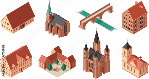 Isometric European architecture set, historic houses church cathedral bridge buildings collection, medieval town elements, travel landmarks, detailed vector city illustration