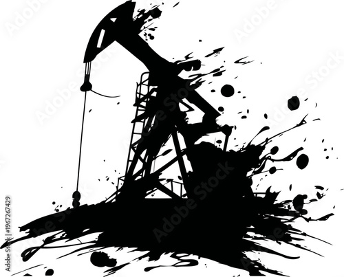 Oil pumpjack silhouette with dynamic black ink splatter design on white background
