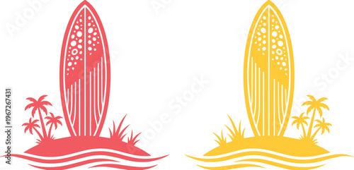 Iconos de tablas de surf en isla tropical, siluetas de surf con palmeras y olas, diseño vectorial de verano en colores rojo y amarillo