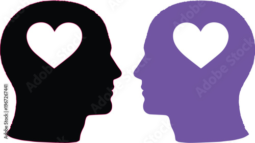 Inteligencia emocional y empatía, siluetas de cabezas con corazones, concepto de salud mental y psicología en formato vectorial