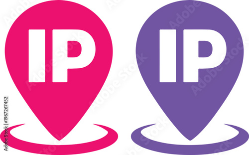 Iconos de ubicación IP en color rosa y morado, marcadores de dirección de red informática, punteros de mapa para geolocalización digital