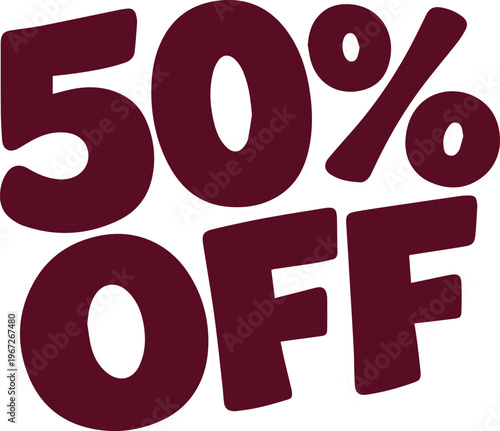 Bold 50% OFF vector graphic, a striking maroon discount badge for sales and promotions, eye-catching marketing element for retail and e-commerce, isolated promotional design asset