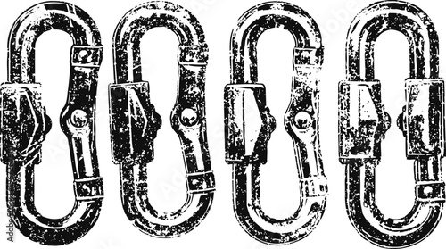 set of four black grunge carabiners isolated on white background metal climbing hooks with spring gates