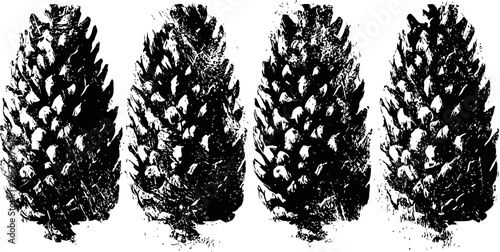 Four pine cones in black and white isolated on white background natural autumn forest elements with rustic texture and detailed patterns